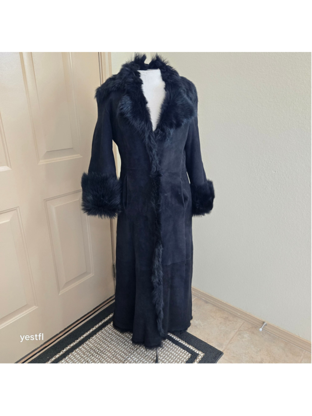 Cole Haan Black Genuine Shearling Long Coat Fur Trim Sz XS Penny Lane Luxury - Picture 2 of 16